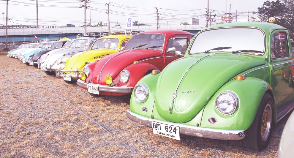 colourful VW beetles parked in a line